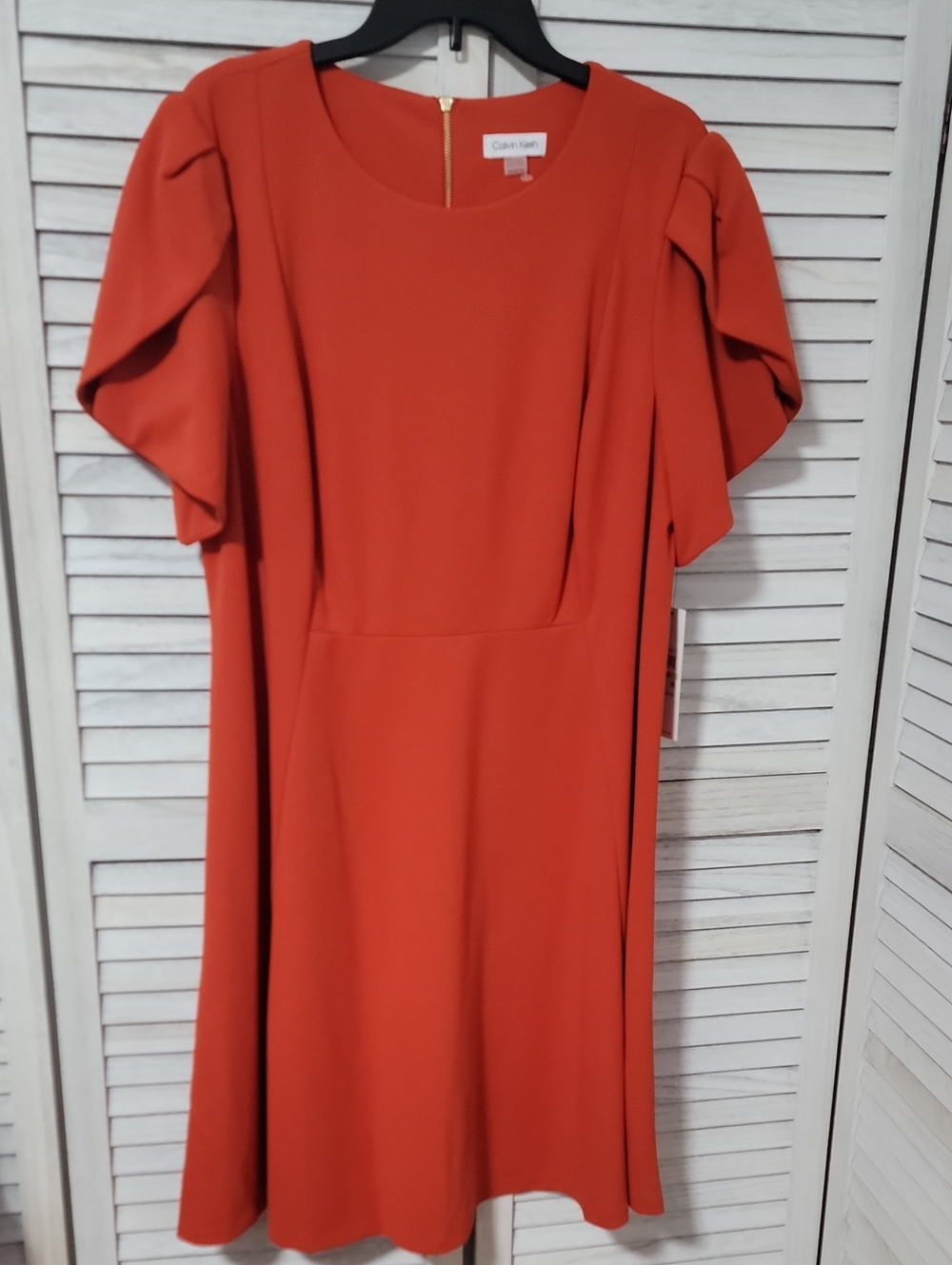 Calvin Klein Terracotta Tulip Flutter Sleeve Fit And Flare Midi Dress Gold Zip